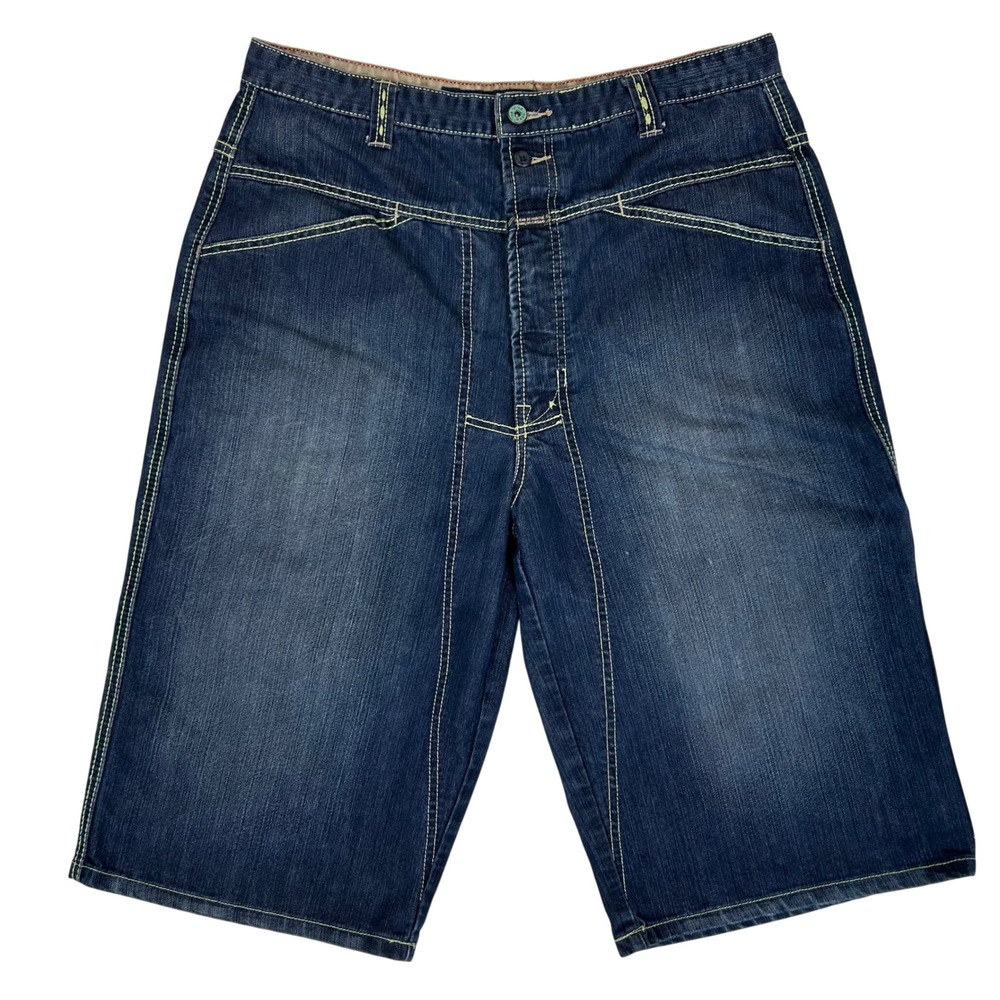 Marithe Francois Girbaud Mens Baggy Denim Shorts Indigo Blue Green Stitch 36
